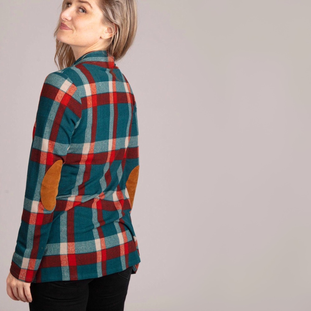 Teal Plaid Checkered Elbow Patch Cozy Cardigan